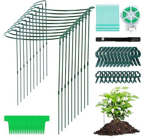 10 Stück Verstellbare Pflanzenstütze 60CM Hoch Metall, Staudenhalter Halbrund Groß Plant Holder, Grün Pflanzenringe zur Fixierung, Blumenstütze Zimmerpflanzen Rankhilfe mit 20 Stück Pflanzenklammern