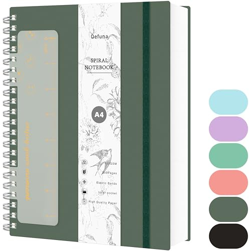 Qefuna A4 prickad anteckningsbok, Bullet Dot Journal, 300 sidor Spiral Notebook, 100g/M² bläcksäkert papper, PVC-inbunden, med linjal, expanderbara fickor, resårband, 21x28 cm - Grön