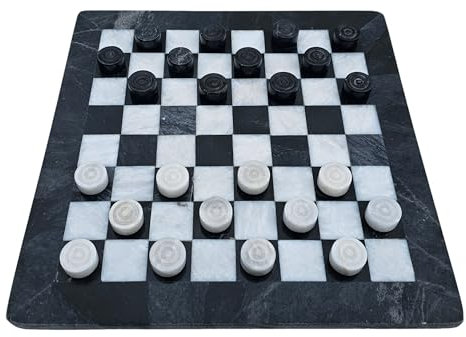 Marmor Dame Spiel, Brett 16 Zoll/ 36,5 cm inkl. 24er Dame Steine Farbe schwarz und weiß-grau Naturprodukt Handarbeit Geschenkidee