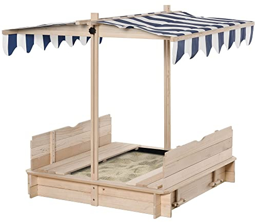 Outsunny Arenero para Niños de Madera Arenero con Toldo Ajustable Respaldos Desmontables y 2 Bancos para Jardín Patio 106x106x121 cm Natural