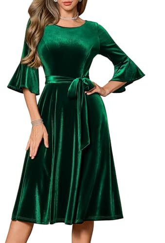 Dark Green Velvet Formal Wedding Guest Dress, Women's Graduation Elegant Midi Cocktail Dresses, Long Sleeve Prom Evening ClothingXL