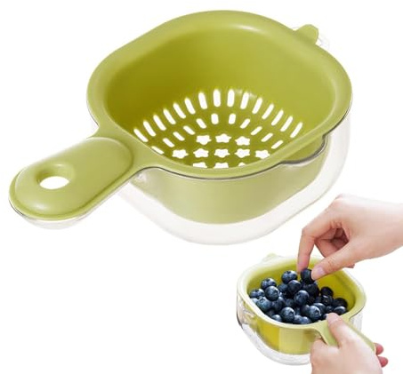 Cesta de drenaje de doble capa con asa | Cuenco de limpieza de frutas 2 en 1 | Cesta de lavado de frutas con colador | Cuenco pequeño de drenaje de verduras para tomates de uva y bayas