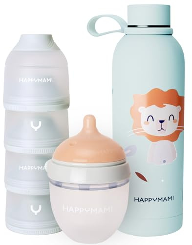 Happymami, Pack de Biberón Personalizable con la Forma de tú Pecho + Termo de Liquidos Bebé+ Dosificador de Leche en Polvo, Set de Alimentación para tu Bebé, Sin BPA, Doble Sistema Anticólicos