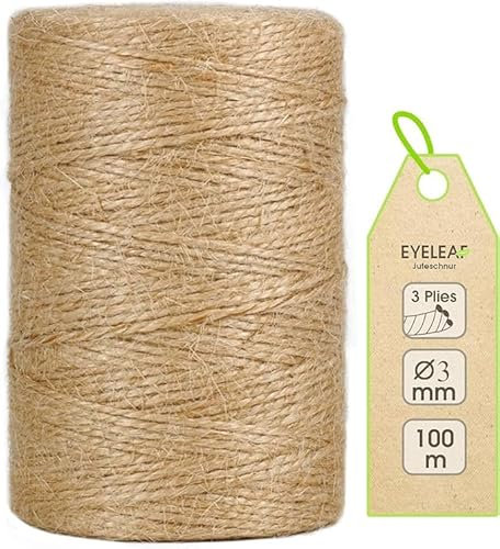 Cinta de Yute de 2-3 mm de Grosor, Hilo para encuadernar, Hilo para jardinería, Rollo de cordón para Manualidades con 100 m, Hilo 100% Yute Color Natural (3MM-100M)