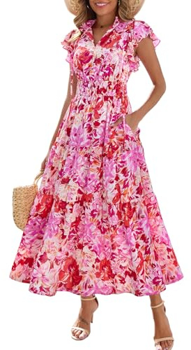 Kranda Summer Dress 2026 Spring Self-tie V Neck Ruffle Short Cap Sleeve Empire Waist Casual Long Tiered Beach Floral Boho Rose Red Floral Maxi Dress with Pockets L