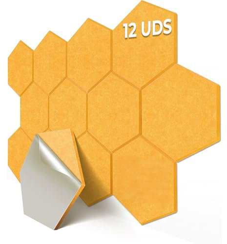 YOEVU - Paneles Acústicos Hexagonales | 30x30x1cm | Pack de 12 | Espuma Fonoabsorbente Densidad Optimizada | Reducción de Eco | Modular | Para Estudios, Oficinas | Negro (Amarillo, 30x26cm)