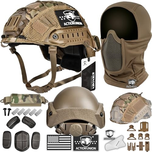 ACTIONUNION Airsoft Helmet and Mask Pro Set Tactical Paintball Helmet and Balaclava Mesh Mask MH Type with Counterweight (Tan, Medium)
