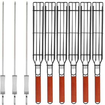 IRSTBL – Kebabgrillkorg set 6-pack – Nonstick BBQ korgar med trähandtag och 3 stålspett – Återanvändbara grillverktyg för kött grönsaker och fisk – 43 cm