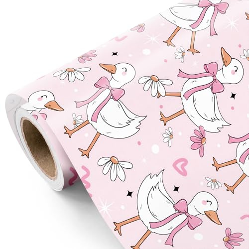 RUSPEPA Rotolo Di Carta Da Regalo Silly Gooses - Mini Rotolo - 43,2 Cm X 5 M - Carta Da Regalo A Forma Di Fiore Con Motivo A Oca Rosa, Perfetta Per Bambine, Compleanni E Baby Shower