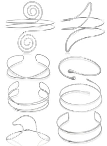 TRWWELL 8PCS Silver Arm Cuff Jewelry for Women Upper Arm Band Cuff Bangle Bracelets Adjustable Minimalist Armband Armlet Set