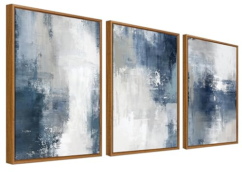 Framed Canvas Wall Art Set of 3 Nordic Abstract Painting Canvas Prints for Wall Poster Blue Grey White Minimalist Pictures for Living Room Bedroom Dinning Room Hallway 30x40cm x3pcs (No Acrylic Glass)