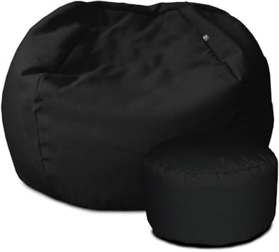 rucomfy Beanbags Small Kids Indoor/Outdoor Bean Bag. Children's Outside Garden Chair. Pre-Filled Water Resistant & Durable. 50cm x 65cm (Black, With Footstool)
