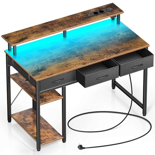 Rolanstar Scrivania con cassetti, tavolo da gaming con presa, LED e supporto per monitor, scrivania per computer per home office, ufficio, soggiorno (marrone vintage, 100 cm)