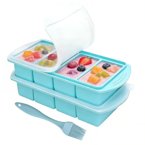 Kisizity 2 Pack Silicone Freezer Tray with Lid, 30 x 13 x 5.6cm 4-Compartment Soup Freezer Container, Silicone Cube Soup Freezer Mould for Storing Meal Prep, Soupe, Butter, Sauce, Leftovers