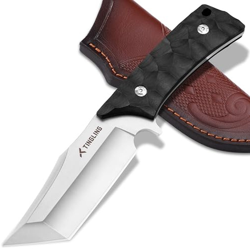 Tingling Coltello da Campeggio Tanto a Lama Fissa Coltello da Bushcraft e Campeggio con Fodero, Filo Intero, Nero