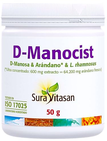 Sura Vitasan D-Manocist Polvo 50gr - Con Alta Concentración de D-Manosa, Arándano Rojo, Probióticos y Vitamina C - Suplemento Integral para el Bienestar Urinario y Cistitis - Alivio y Prevención