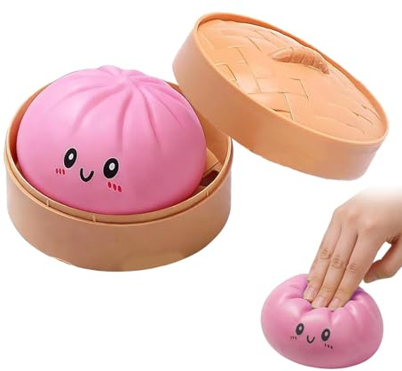 10cm Dumpling Stress Toy, Giant Dumpling Squishy Toy, Toy Dumplings with Steamer Box, Soft Squeeze Decompression Dough Fidget Toys, Large Stress Relief Sensory Ball, 6 Colors, for Adults Kids (pink)