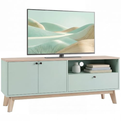 HOMCOM Soporte para TV hasta 36 Pulgadas, 2 Puertas, Verde Claro | Estante Abierto, Centro de Entretenimiento, Estante Ajustable, Estilo Moderno, Sala de Estar