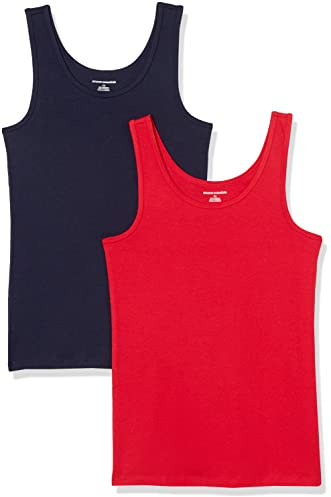 Amazon Essentials Women's Slim-Fit Ribbed Scoop Neck Tank Tops, Pack of 2, Navy/Red, Small
