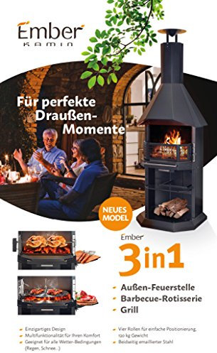LANZZAS Grill Gartengrill Gartenkamin Grillwagen schwarz emaliert groß mit Funkenschutz