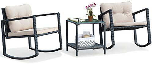 Tangkula 3 Pieces Patio Wicker Rocking Set, Outdoor Rocking Chairs and Table Set with Cushions, Glass Coffee Table with Storage Shelf, Suitable for Patio, Garden, Poolside, Balcony (Beige)