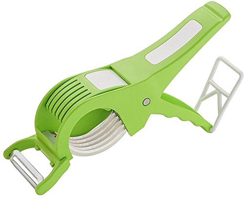 2-in-1 Vegetable Cutter and Slicer with Stainless Steel Blades Multi-Purpose Manual Chopper for Cutting, Slicing, and Peeling Fruits & Handheld Kitchen Tool for Easy Cooking, Lock System Plastic
