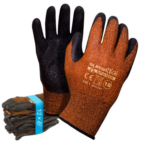 Trevendo 12 Paar Arbeitshandschuhe - Super Tech Spandi - Schwarze Latex-Beschichtung auf Polyester, Größe 9