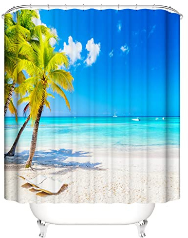 OCEUMACO 3D Strand Motiv Duschvorhang 240x200 Meer Beige Landschaft Shower Curtains Textil Antischimmel Wasserdicht Palmen Blätter Blau Duschvorhänge Badewanne Stoff aus Polyester Waschbar