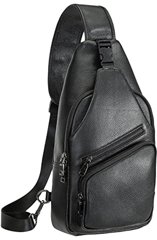 Polare kohud italienskt läder slunga bröst axelväska vattentät stöldsäker crossbody ledig dagväska, Svart, Medium, ledig