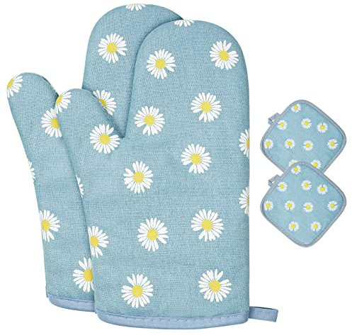AUAUY Oven Mitts and Potholders, BBQ Gloves Heat Resistant, 1 Pair Oven Mitts and 2 Pot Holders, Cotton Non-Slip Cooking Gloves for Cooking Baking Kitchen Microwave Pizza (Daisy-Blue)