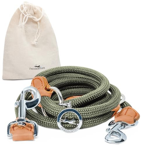 FREUDENTIER Hundeleine 2m - Führleine 3-Fach verstellbar - Robustes Nylon abgerundet mit stilvollen braunen Lederelementen - Leine Hund für mittelgroße & große Hunde (waldgrün)