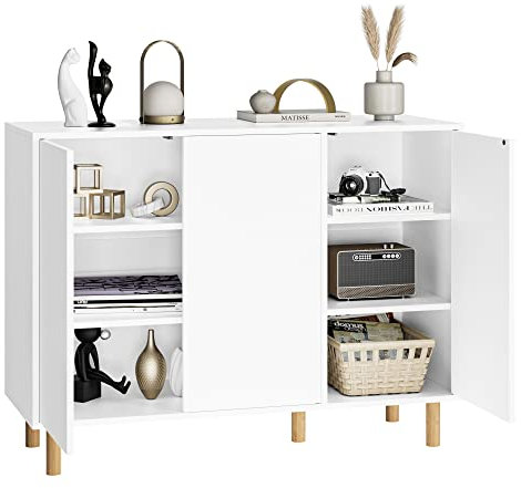 FirFurd Sideboard, Kommode weiß, Küchenschrank mit 3 Türen, griffloses Design, verstellbare Regale, 107x40x80cm(BxTxH)