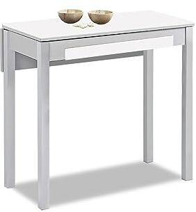 Astimesa - Mesa de Cocina Extensible - Minimalista - Estructura metálica - Superficie en Cristal Color: Blanco. Medidas: 80 cm x 40 cm. Medida Extensible: 80 cm x 60 cm