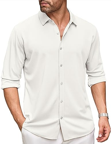 COOFANDY Chemise Homme Manches Longues Regular Fit Button Down Shirts Repassage Facile Chemise Loisirs Business Shirts Blanc XL