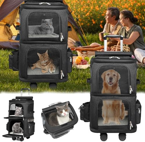 Katzenrucksack, Katzentrager Rucksack mit Zwei Fächern Haustier Hunde Katzen Rucksack Raumkapsel mit abnehmbaren Rädern Rucksack für 2 kleine Katzen Hunde und Kaninchen
