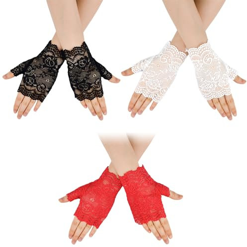 MININUSI 3 Paar Fingerlose Handschuhe, Kurze Spitzenhandschuhe, Fasching Brauthandschuhe, Brauthandschuhe Vintage, Spitzen Handschuhe, Hochzeit Fingerhandschuhe für Maskerade (Rot Schwarz Weiß)