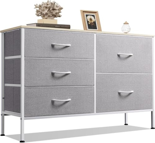 WLIVE Chest of Drawers for Bedroom with 5 Fabric Drawers, Storage Cabinet Organizer, Wide Chest of Drawers for Closet, Living Room, Clothes, Kids, TV Stand, Steel Frame, Light Grey