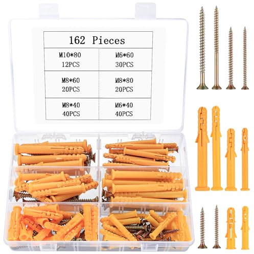 162 Pcs Wall Plugs and Screws, Raw Plug and Screw Set, Masonry Screws and Wall Plugs Set, Expansion Walls Anchors and Heavy Duty Self Tapping Screw and Plug Set for Walls Fixings