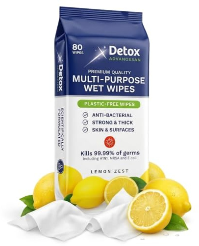 Detox AdvanceSan Anti-bac EXTRA THICK wet wipes, Pack 80, BIODEGRADABLE | MULTIPURPOSE (Skin AND Surfaces), Lemon Scent, PLASTIC-FREE: Ideal for Home, travel and workplace