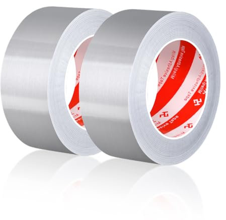 Lot de 2 rouleaux de ruban adhésif en aluminium - 48 mm x 50 m - Étanche et résistant à la chaleur - Pour sceller, réparer et isoler, isolation des tuyaux en extérieur