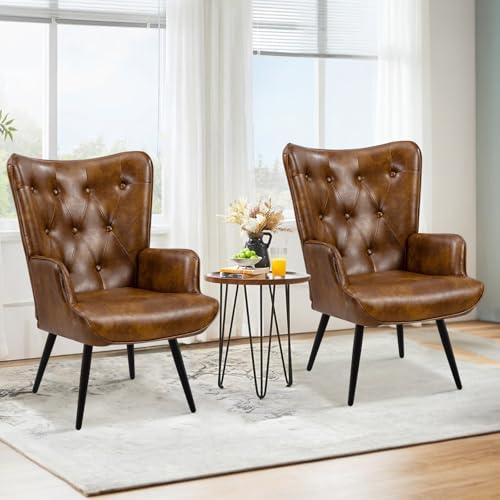 Ckaff Lot de 2 Fauteuil Salon Relax, Fauteuil Scandinave Moelleux en Similicuir Chaise Bouclette avec Accoudoirs & Dossier Ergonomique pour Salle à Manger, Salon, Chambre, Siege Bureau, Brun