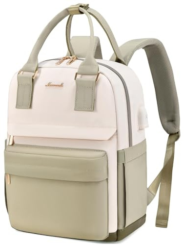 LOVEVOOK Mochila pequeña 2 en 1, resistente al agua, bolso de mano con puerto USB, mini bolsillo, elegante para ocio, escuela, viajes, trabajo, Verde y beige