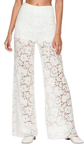 Vhersily Pantalon Palazzo pour femme en dentelle avec short sexy transparent floral jambe large d'été tendance avec coutures, taille haute, pour activités de plein air, avec poches, multisaison