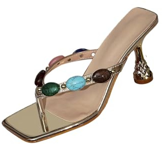 Sandales à talons hauts en strass à la mode pour femmes tongs à tête carrée chaussures de pente mariage fête nuptiale bal chaussures habillées sexy (Or,40)