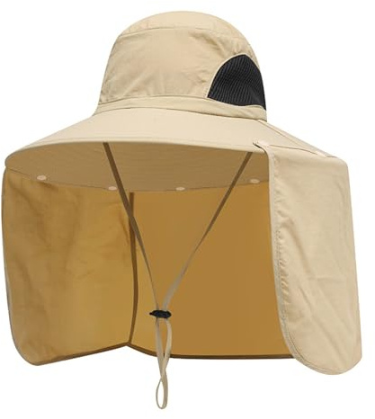 BSYLOO Sombrero de ala ancha para hombre, protección UV con solapa para el cuello, ajustable para pesca y senderismo al aire libre, caqui, S-XL