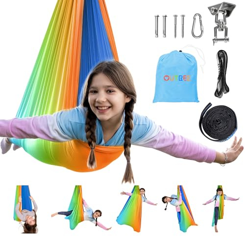 OUTREE Double Layer Therapy Swing with 360 Swivel Hanger, Healing & Relaxing Cuddle Swing for Kids and Adults with Autism, ADHD, Sensory Processing Disorder (Orange-Green Gradient)
