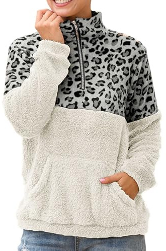 EQWIGKEIT Sudadera para mujer sin capucha casual con cuello alto, chaqueta de peluche con media cremallera, forro polar de gran tamaño, sudadera de invierno, manga larga, sudadera de forro polar