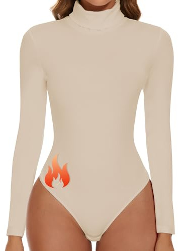 SHAPERIN Bodysuit Turtle Neck Women Thermal Long Sleeve Bodysuits Tops Warm Body Suit Top for Winter Apricot M