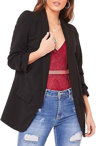 Crazy Girls Fashion New Ladies Frill Ruffle 3/4 Sleeve Duster Coat Women Jacket Blazer UK 8-26 (UK, Numeric, 16, 18, Plus, Regular, Black)
