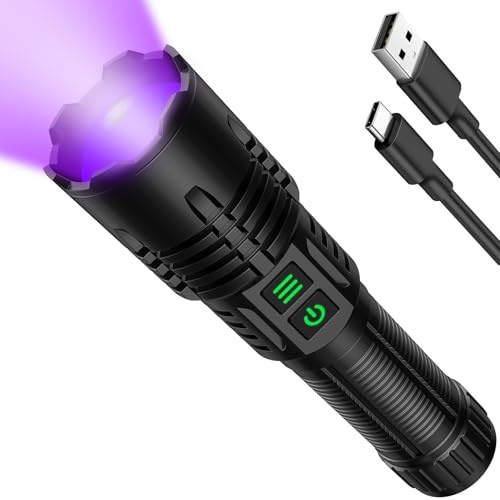 Linterna LED de 365 nm, lámpara UV 2 en 1, recargable, extremadamente brillante, larga duración de la batería, resistente al agua, zoom, luz negra ultravioleta, 6 modos para acampar al aire libre